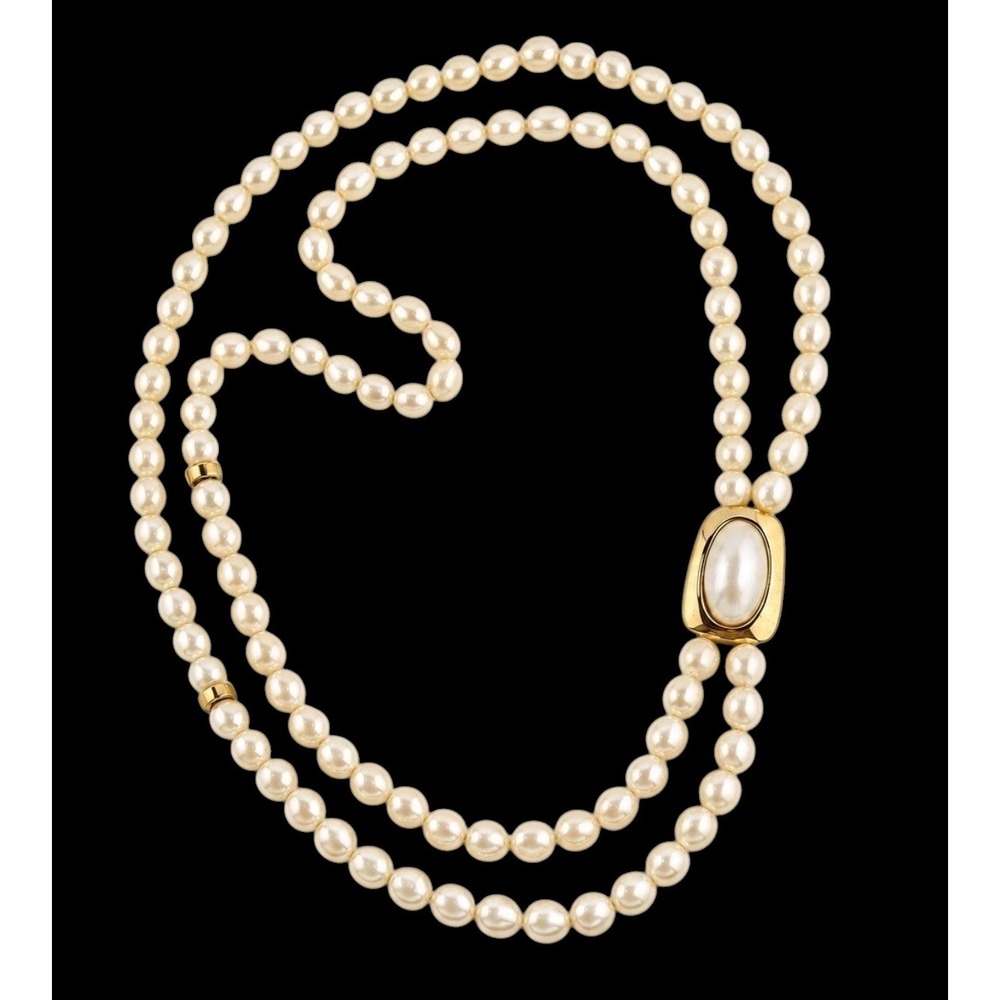 Trifari Kunio Matsumoto Faux Baroque Pearl Double Strand Gold Pendant Necklace